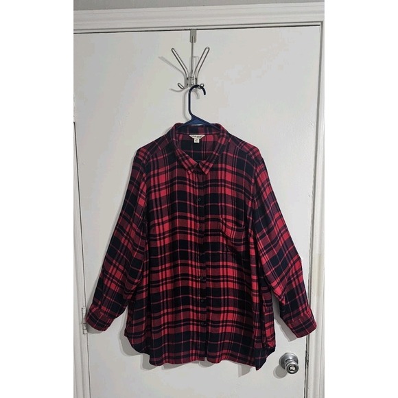 Lucky Brand Tops - Lucky Brand Plaid‎ Check Button Down Blouse Shirt Womens Size 3X Red Blue Flowy